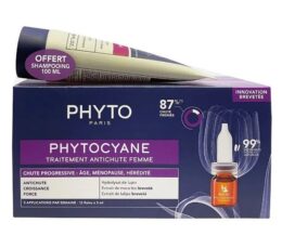PHYTO PHYTOCYANE TRAITEMENT ANTICHUTE PROGRESSIVE FEMME AMPOULES 12x5ML + SHAMPOOING REVIGORANT 100ML OFFERT